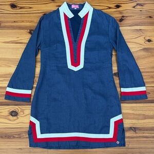 EUC Castaway Nantucket Navy Linen Tunic Dress Coverup Red White Trim Large